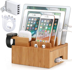 Tekavo ChargeDock Ladestation aus Bambus | 5-Port USB & Organizer | Für Smartphone, Tablet & Smartwatch | Inkl. Kabelset