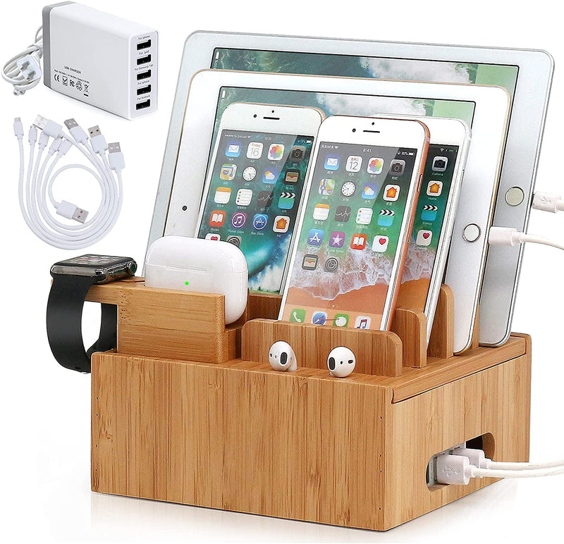 Tekavo ChargeDock Ladestation aus Bambus | 5-Port USB & Organizer | Für Smartphone, Tablet & Smartwatch | Inkl. Kabelset