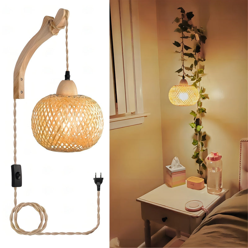 Wandlampe BambuGlow | Gewebter Bamboo-Schirm | Vintage Look mit Stecker & Schalter | Für Wohnzimmer & Schlafzimmer