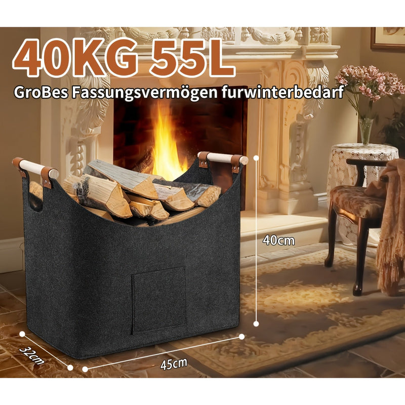 Filz-Kaminholzkorb FELDURA | Faltbar | 55L Volumen | Mit Holzgriffen & Lederdetails | Dunkelgrau