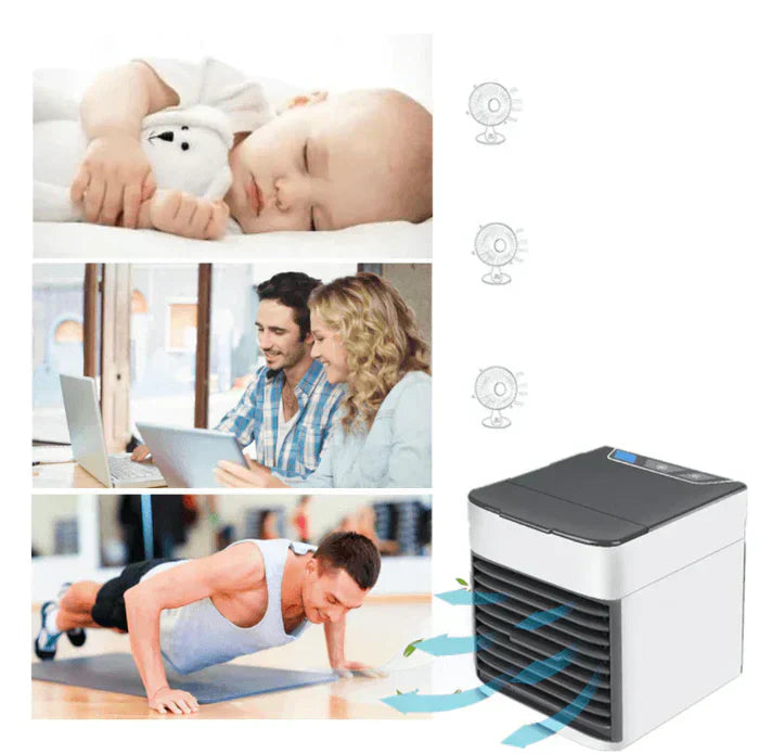 Mini Klimagerät Airiloft | 3-in-1 Luftkühler, Luftbefeuchter & Reiniger | 7-Farb-LED & USB-Anschluss | Weiß 14×14×14,5 cm