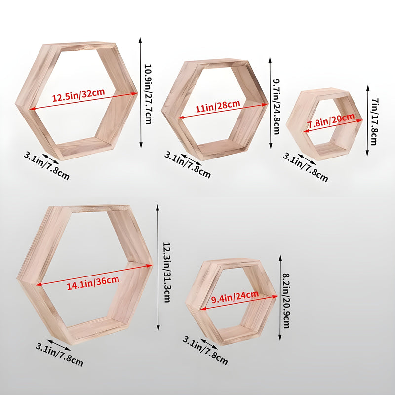 Wandregal Set HexaWood | 5-teilig | Sechseck Design | Rustikaler Holz-Look