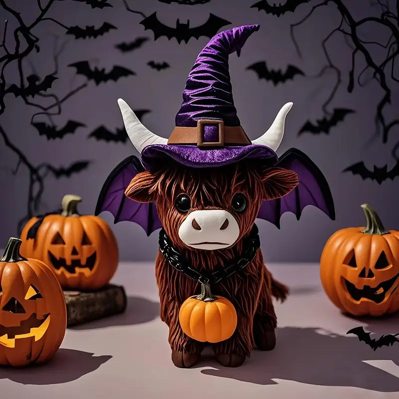 MoohMagic | Halloween Kuh Figur mit Hexenhut & Kürbis | Lustige Deko für Innen & Außen