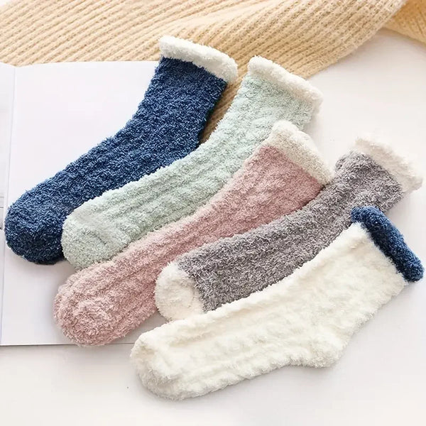 Floreva | 5 Paar Winter-Kuschelsocken Damen | Dickes Coral-Fleece | Mittelhoch & Warm | Weiche Haussocken in Unifarben