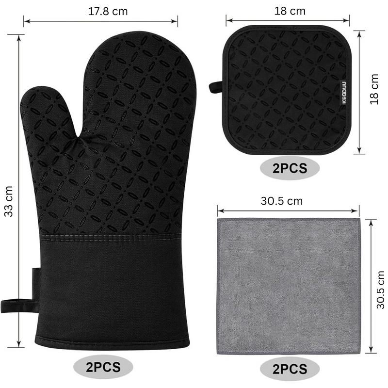 Ofenhandschuh-Set HeatGuard Pro | 6-teilig | Hitzebeständig bis 260 °C | Rutschfestes Silikon | Extra lang