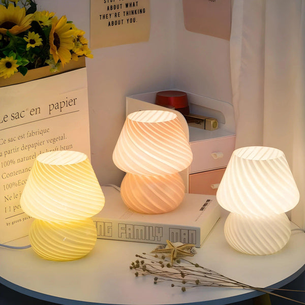 Lunivio LED Pilz-Tischlampe Glas | Retro 70er Look | Dimmbare Lichtmodi | 19 cm Höhe | In 5 Farben