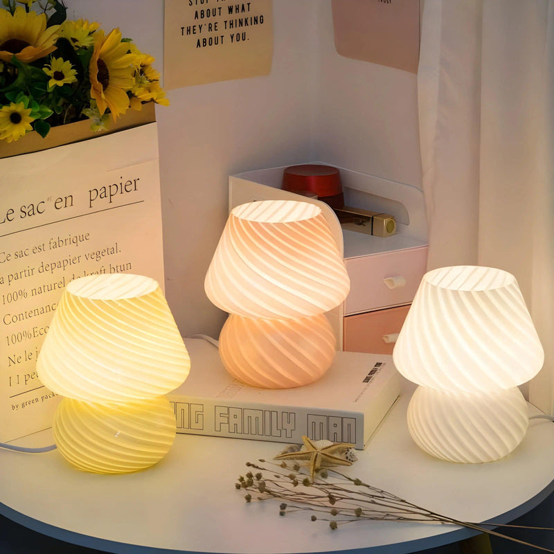 Lunivio LED Pilz-Tischlampe Glas | Retro 70er Look | Dimmbare Lichtmodi | 19 cm Höhe | In 5 Farben