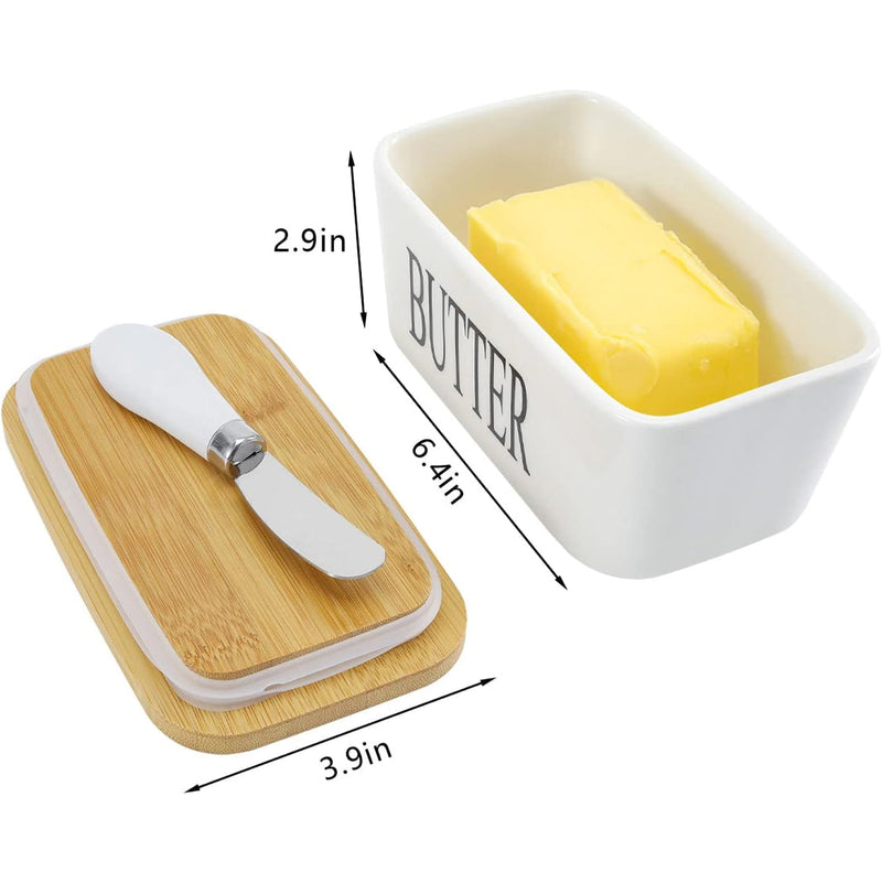 Nordura Keramik Butterschale mit Bambusdeckel & Messer | Frisch & Stilvoll | Für 250 g Standardbutter