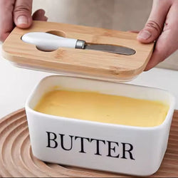 Nordura Keramik Butterschale mit Bambusdeckel & Messer | Frisch & Stilvoll | Für 250 g Standardbutter