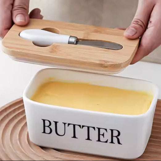 Nordura Keramik Butterschale mit Bambusdeckel & Messer | Frisch & Stilvoll | Für 250 g Standardbutter