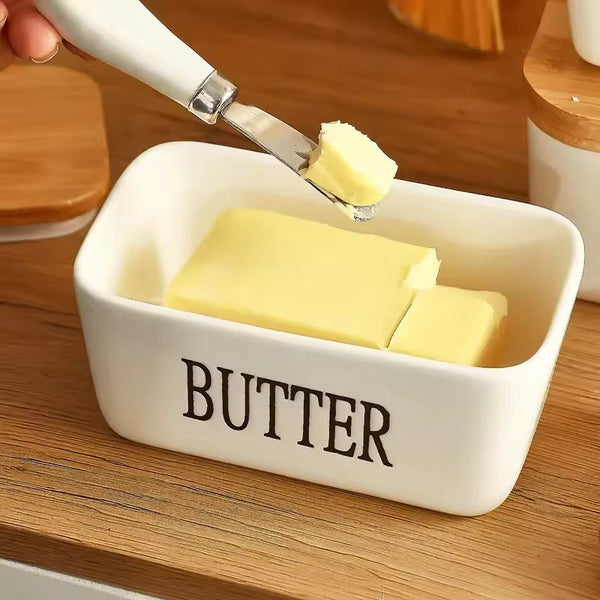 Nordura Keramik Butterschale mit Bambusdeckel & Messer | Frisch & Stilvoll | Für 250 g Standardbutter