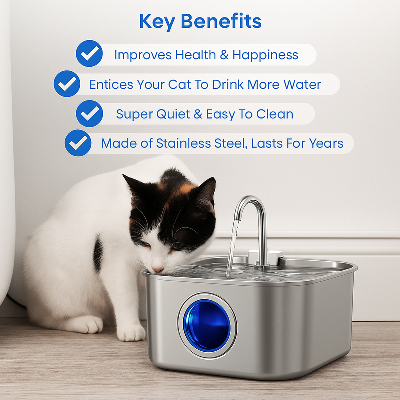 Felindra Katzen Trinkbrunnen aus Edelstahl | Fließendes Wasser für bessere Hydration | Leise & Hygienisch | 2,5 L Fassungsvermögen