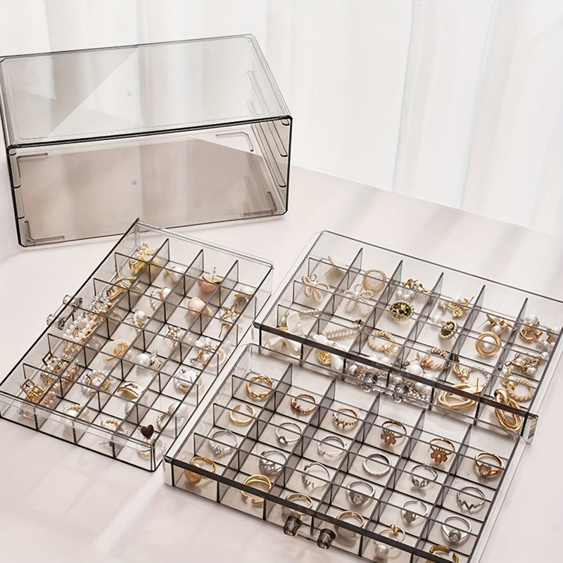 Schmuckbox CLARYSÉ 3-lagig | 72 Fächer | Transparenter Deckel | Organizer für Ringe, Ohrringe & Ketten | 30 x 20 x 8 cm