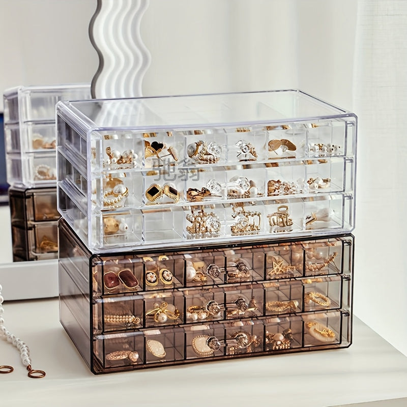 Schmuckbox CLARYSÉ 3-lagig | 72 Fächer | Transparenter Deckel | Organizer für Ringe, Ohrringe & Ketten | 30 x 20 x 8 cm