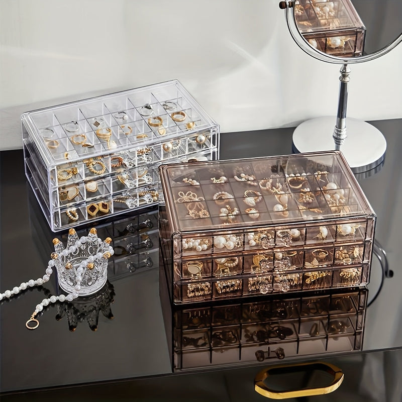 Schmuckbox CLARYSÉ 3-lagig | 72 Fächer | Transparenter Deckel | Organizer für Ringe, Ohrringe & Ketten | 30 x 20 x 8 cm