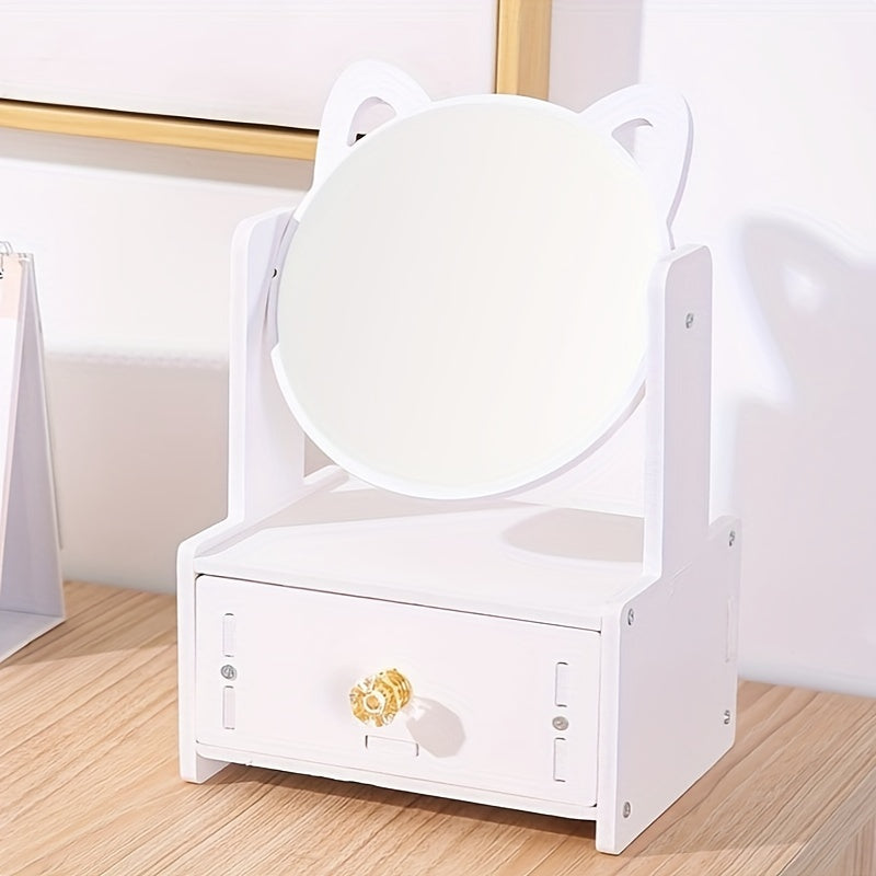 Miroa Schminkspiegel mit Schublade & Katzenohren | 360° drehbar | Ohne Strom | Modernes Design in Ölfinish | 26 × 16,7 × 12,7 cm