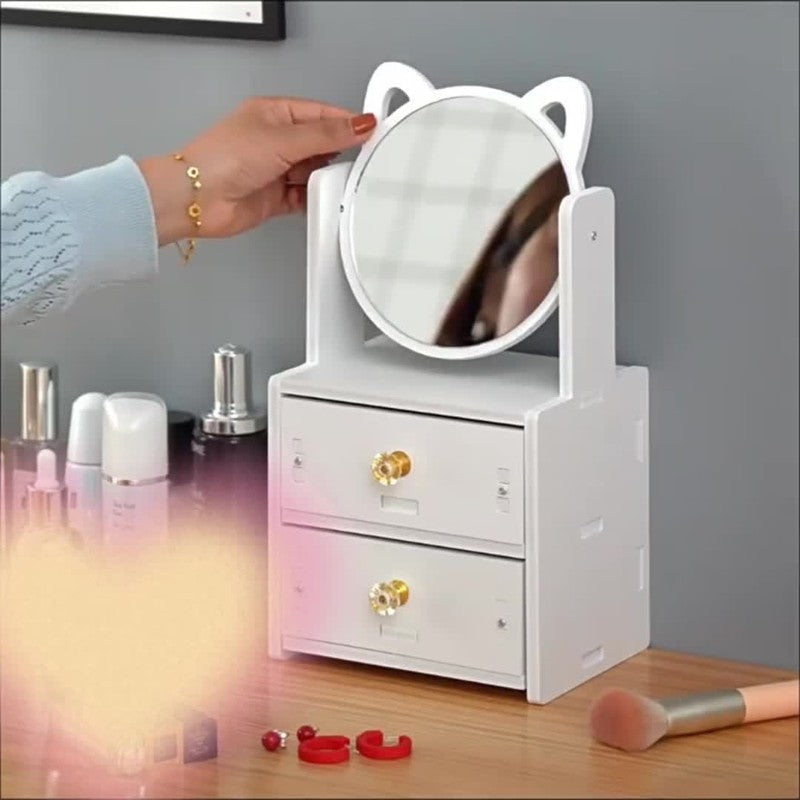 Miroa Schminkspiegel mit Schublade & Katzenohren | 360° drehbar | Ohne Strom | Modernes Design in Ölfinish | 26 × 16,7 × 12,7 cm