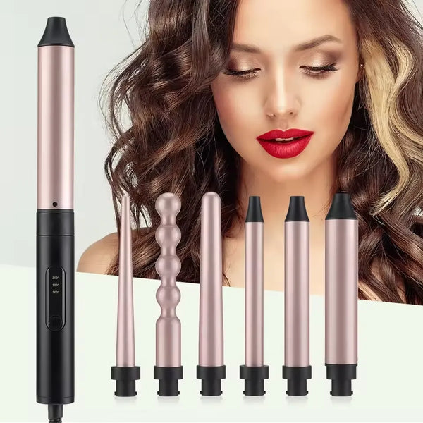 Lockenstab-Set CURVÉA | 6-in-1 Aufsätze | 3 Temperaturstufen | Reisetauglich & Schnellaufheizend | Schwarz-Roségold