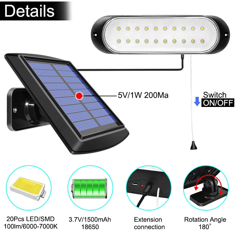 Solithera Solarleuchte mit Zugschalter & 5 m Kabel | 20 LEDs | Innen & Außen | Wasserdicht IP44 | Für Garten, Schuppen & Balkon