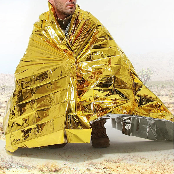 RescueShield | Notfalldecke | Wärmereflektierend & Wasserdicht | 210 × 130–160 cm | Silber/Gold