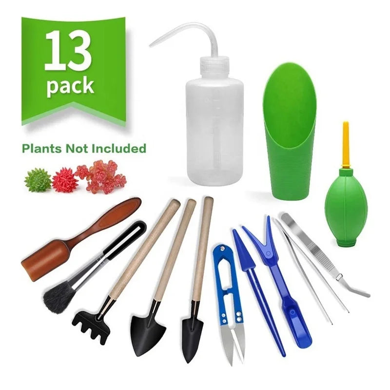 GreenCraft MiniSet 13-teiliges Garten- und Bonsai-Pflanzset | Mini-Werkzeuge für Umtopfen, Aussaat & Pflege von Sukkulenten | Edelstahl & ABS | 13 × 7 cm