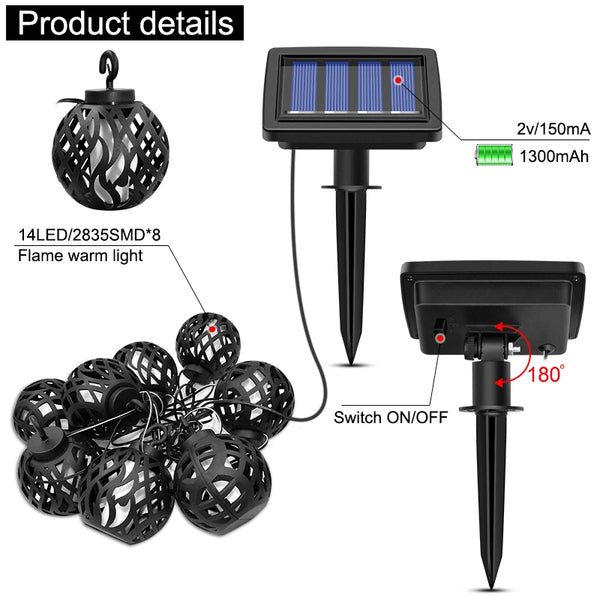 Flamara Solar Lichterkette mit Flammen-Effekt | 8 LED-Laternen | IP44 Wasserdicht | Für Garten, Terrasse & Balkon