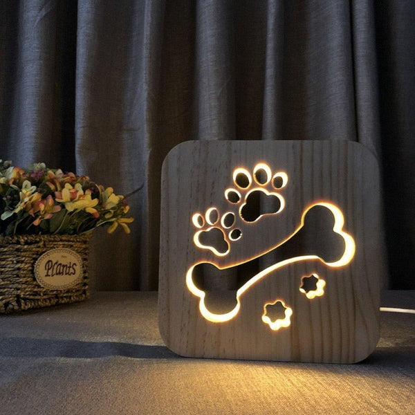 LumiPfote 3D Tischlampe Hund | Warmes LED-Licht | USB-Betrieben | Holzdesign