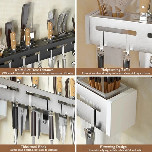 Küchenform Wand-Messerhalter aus Edelstahl | Nagelfrei & Platzsparend | Mit Haken für Küchenutensilien | Rostfrei & Modern