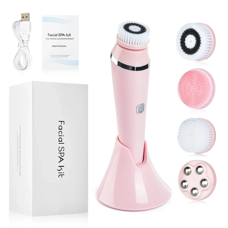 Gesichtsreinigungsset NOVARÉ 4-in-1 | Mit Massage- & Peeling-Aufsätzen | 3 Geschwindigkeiten | USB-Aufladung & Wandhalterung | 15 x 4,3 cm