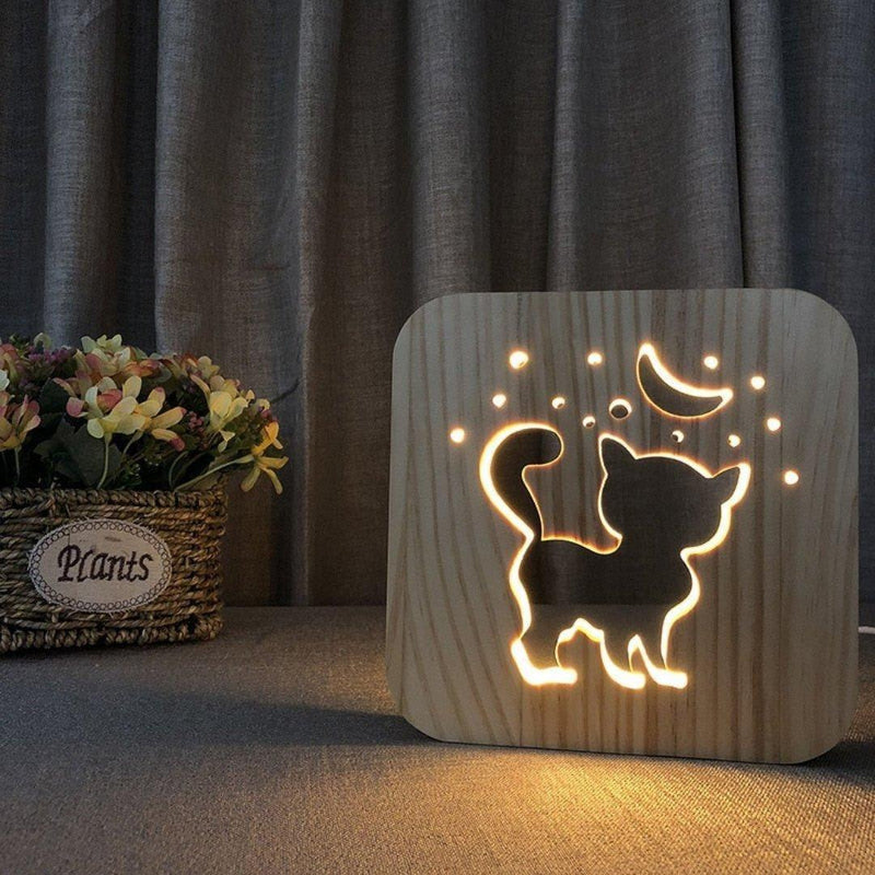 LumiPfote 3D Tischlampe Hund | Warmes LED-Licht | USB-Betrieben | Holzdesign