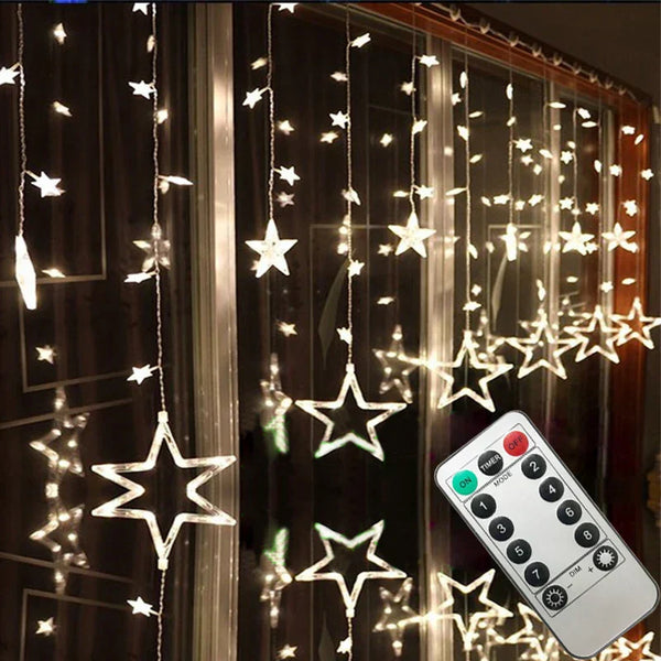 Lunessa LED Vorhanglichter Sterne | Koppelbar & Energiesparend | Für Innen & Außen | Warmweiß | Mehrere Lichtmodi