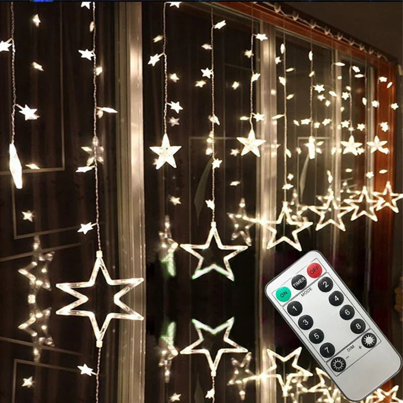 Lunessa LED Vorhanglichter Sterne | Koppelbar & Energiesparend | Für Innen & Außen | Warmweiß | Mehrere Lichtmodi