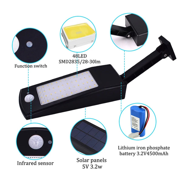 Lumenova SolarTech Solar LED Wandleuchte 900lm | 48 LEDs | 4 Beleuchtungsmodi | Bewegungsmelder & Drehbarer Arm | IP65 Wetterfest