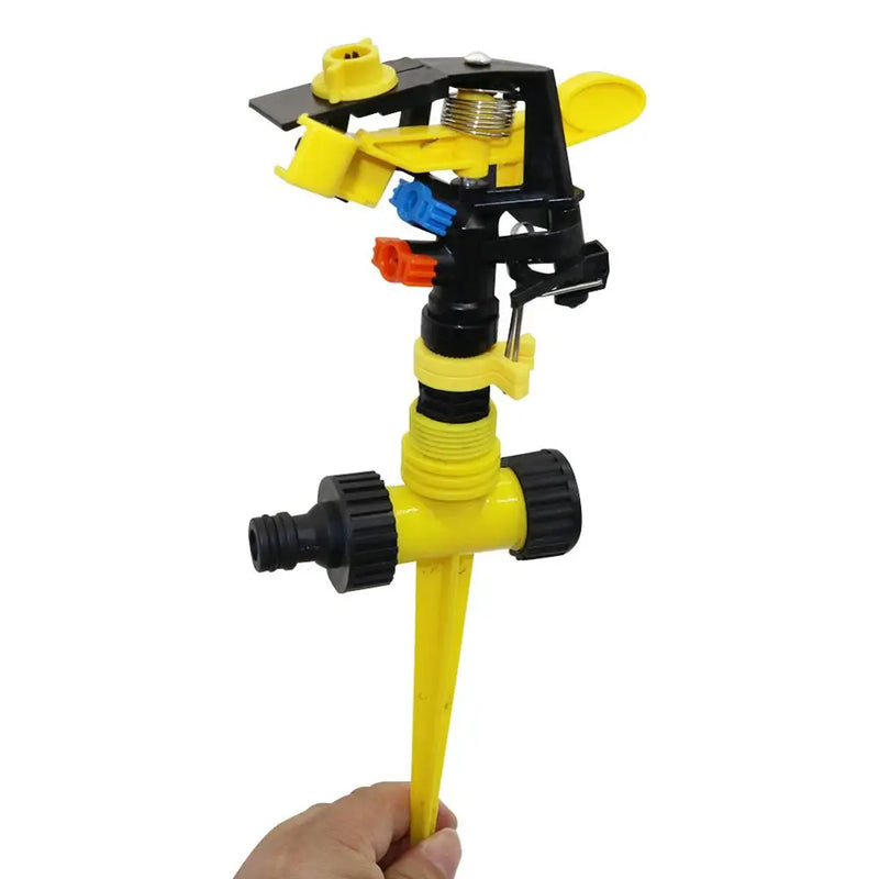 AQUARAY Schlaghebel-Sprinkler mit Erdspieß | 360° Drehung | Einstellbarer Wasserstrahl für Garten & Landwirtschaft