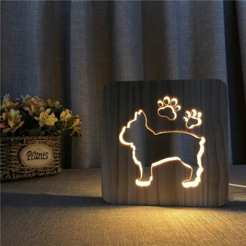 LumiPfote 3D Tischlampe Hund | Warmes LED-Licht | USB-Betrieben | Holzdesign