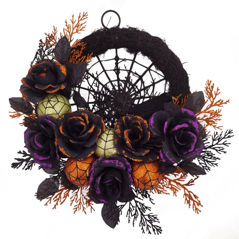 Noctivora Halloween Türkranz | Gotische Rosen & Spinnennetz | Mit Kürbissen & Glitzerakzenten | Aufhängbar