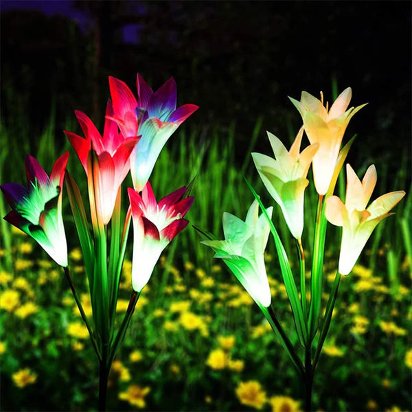 Floravera SolarBloom Solar Gartenlichter LED Lilien | Dekoleuchte mit Lichtsensor | Für Hof, Rasen & Feste | Rot & Lila