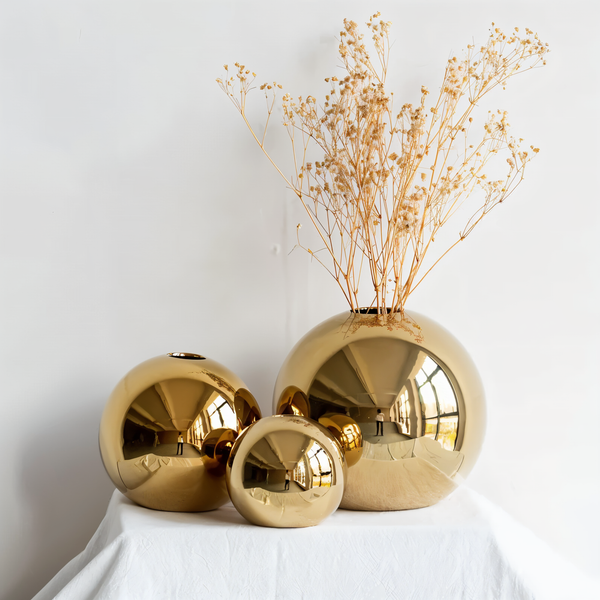 Keramikvase Aurelia Gold | Runde Form mit Glanzfinish | Zeitlos Elegant & Vielseitig | Für Blumen & Dekor