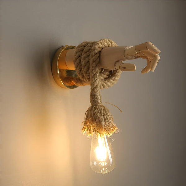 Retro Wandlampe VINTARO | Handgefertigt aus Holz & Hanfseil | E27-Fassung | Rustikaler Retro-Stil