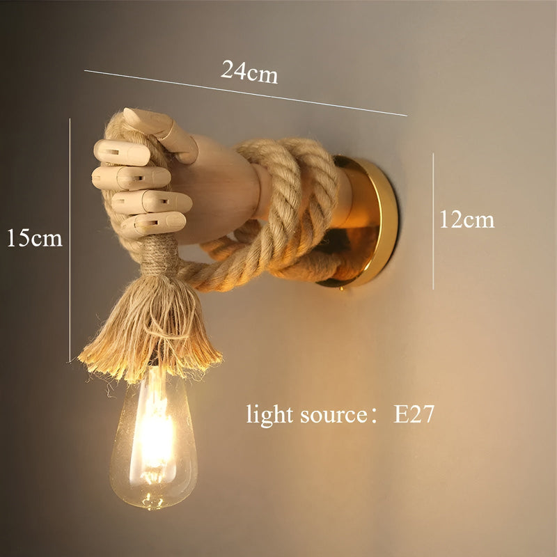Retro Wandlampe VINTARO | Handgefertigt aus Holz & Hanfseil | E27-Fassung | Rustikaler Retro-Stil