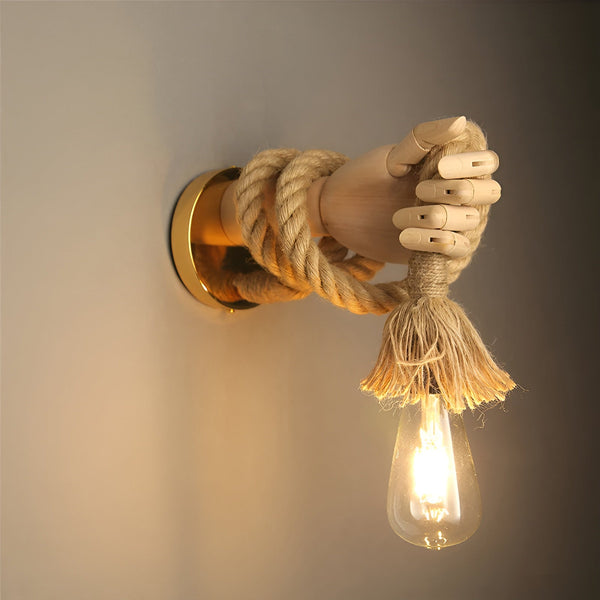Retro Wandlampe VINTARO | Handgefertigt aus Holz & Hanfseil | E27-Fassung | Rustikaler Retro-Stil