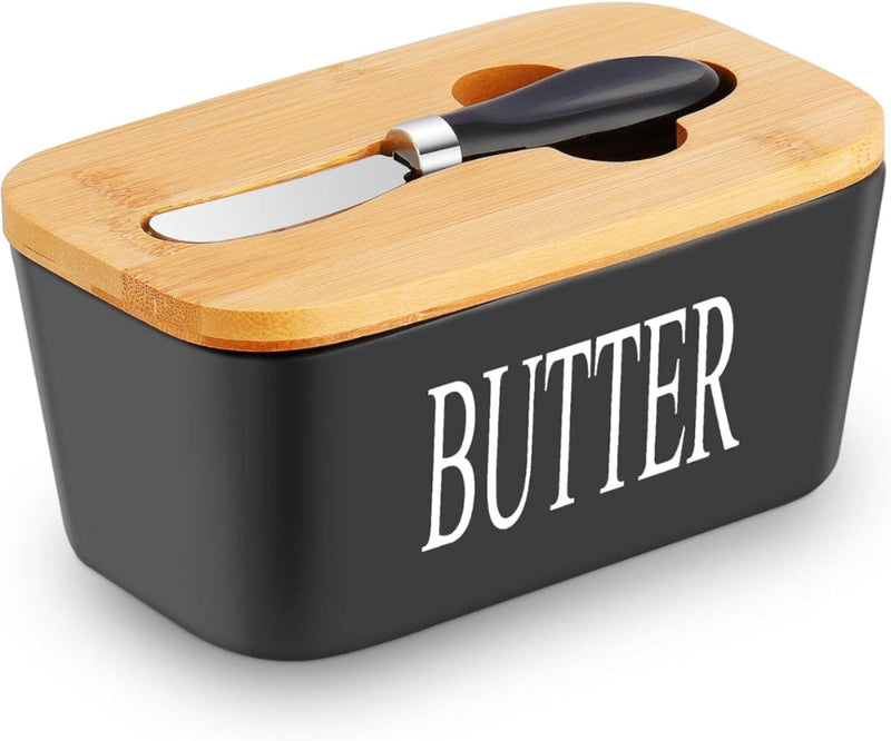 Nordura Keramik Butterschale mit Bambusdeckel & Messer | Frisch & Stilvoll | Für 250 g Standardbutter