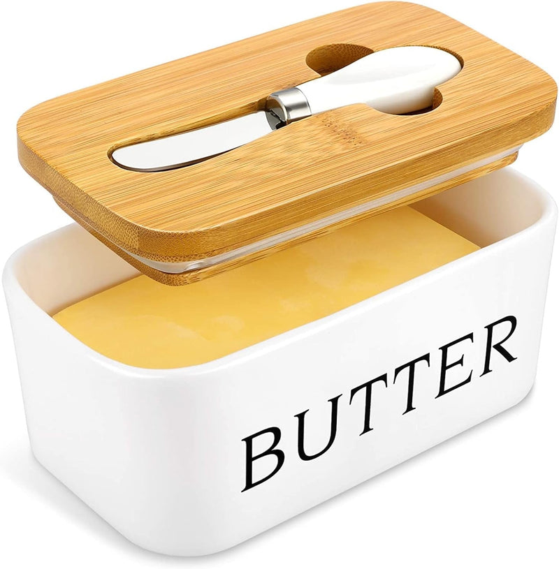 Nordura Keramik Butterschale mit Bambusdeckel & Messer | Frisch & Stilvoll | Für 250 g Standardbutter