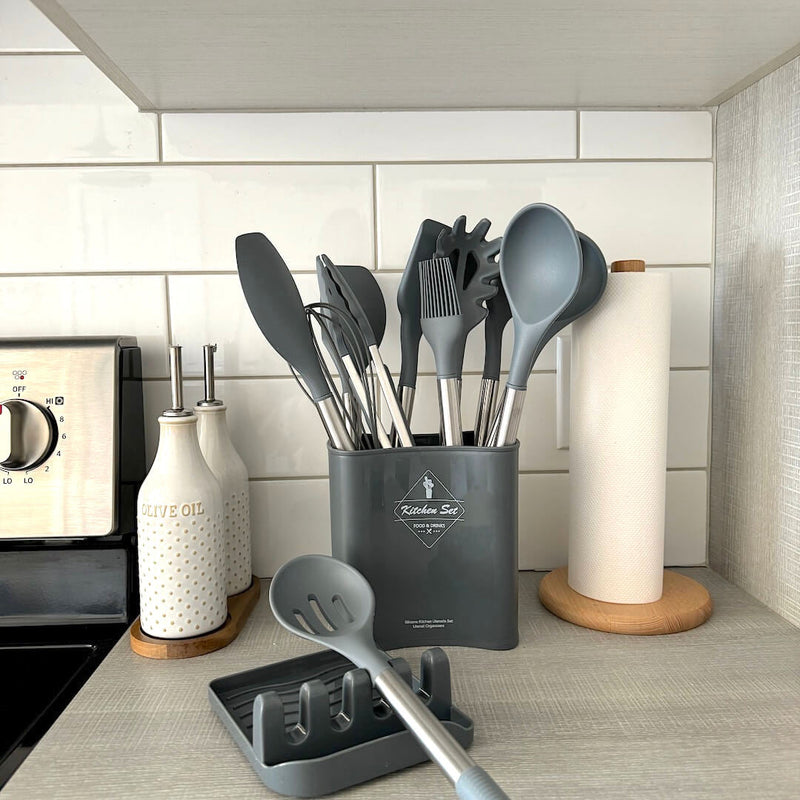 Cheféa FlexKit Küchenutensilien Set 12-teilig | Hitzebeständiges Silikon | Mit Halter | BPA-frei