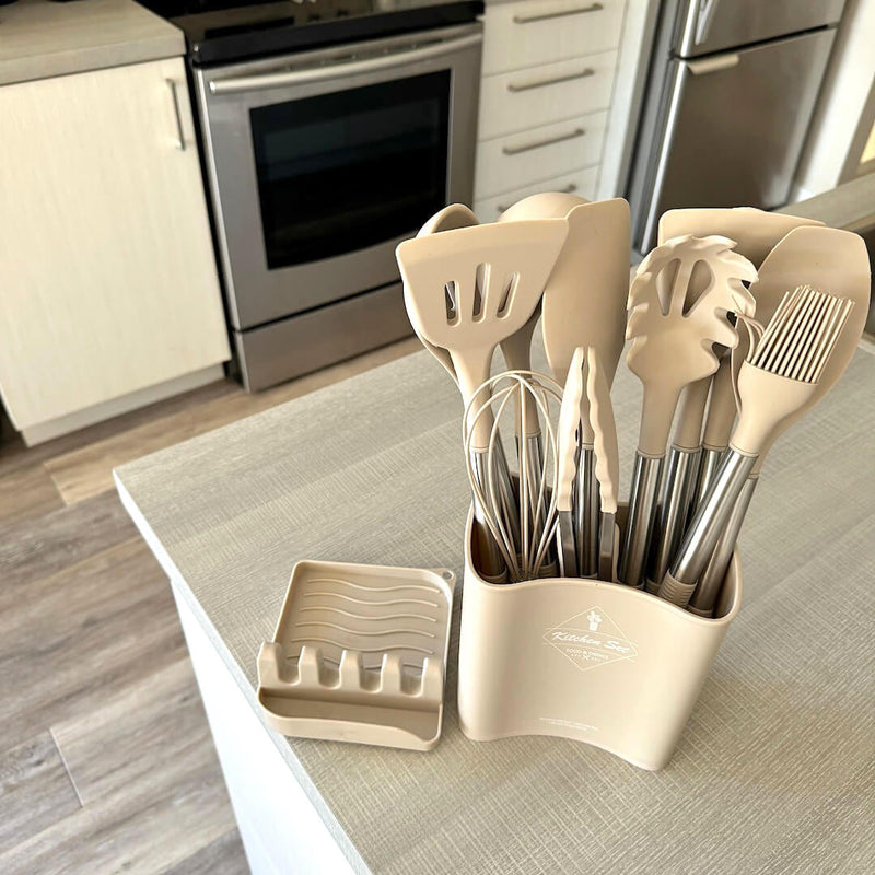 Cheféa FlexKit Küchenutensilien Set 12-teilig | Hitzebeständiges Silikon | Mit Halter | BPA-frei