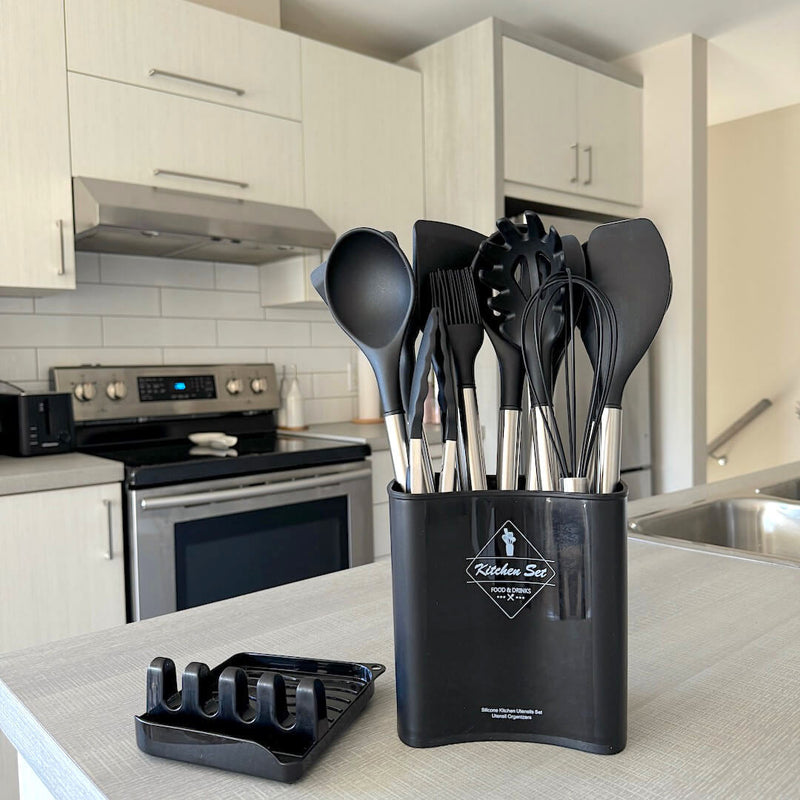 Cheféa FlexKit Küchenutensilien Set 12-teilig | Hitzebeständiges Silikon | Mit Halter | BPA-frei