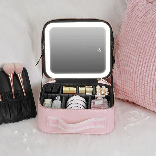 Lunessa LED-Kosmetiktasche mit Spiegel | Dimmbare Beleuchtung & Fächer | 26×23×11 cm | Für Reisen & Alltag