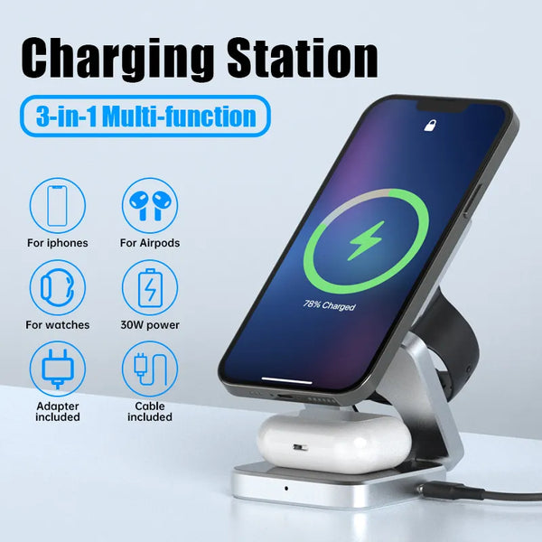 3-in-1 Wireless Ladegerät MagNivo FoldCharge | Faltbar & Magnetisch | Für Smartphone, Smartwatch & Kopfhörer | 15 W Schnellladung