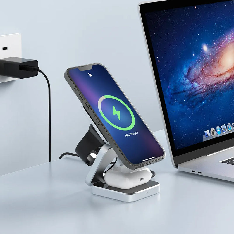 3-in-1 Wireless Ladegerät MagNivo FoldCharge | Faltbar & Magnetisch | Für Smartphone, Smartwatch & Kopfhörer | 15 W Schnellladung