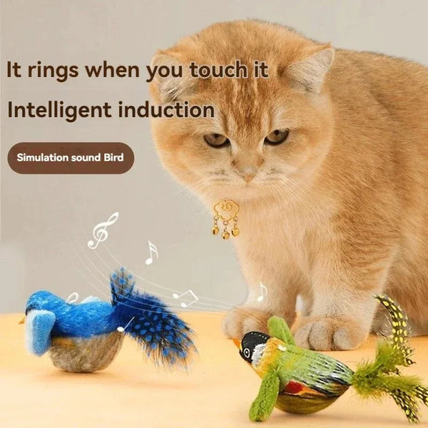 MiauFun | Interaktives Katzen-Spielzeug | Elektrischer Vogel mit Geräuschen | Plüsch-Beiß- & Kau-Spielzeug für Katzen